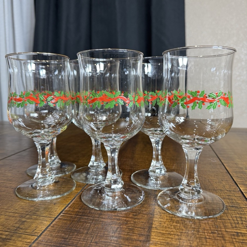 S-188 Set of Six (6) Libbey Holly & Berry Pedestal‎ Goblets with Gold Rims